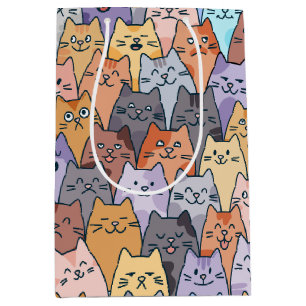 Colourful Cute Cat Crowd Pattern Whimsical Cat Fac Medium Gift Bag