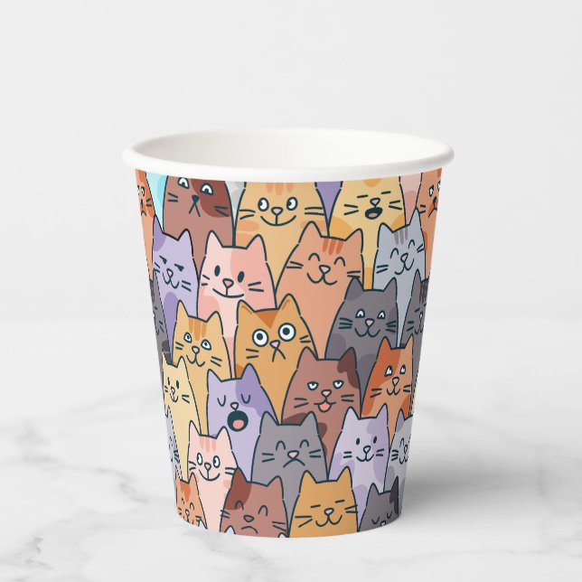 Colourful Cute Cat Crowd Pattern Whimsical Cat Fac Paper Cups (Front)
