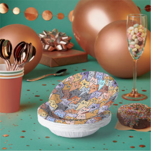 Colourful Cute Cat Crowd Pattern Whimsical Cat Fac Paper Plate
