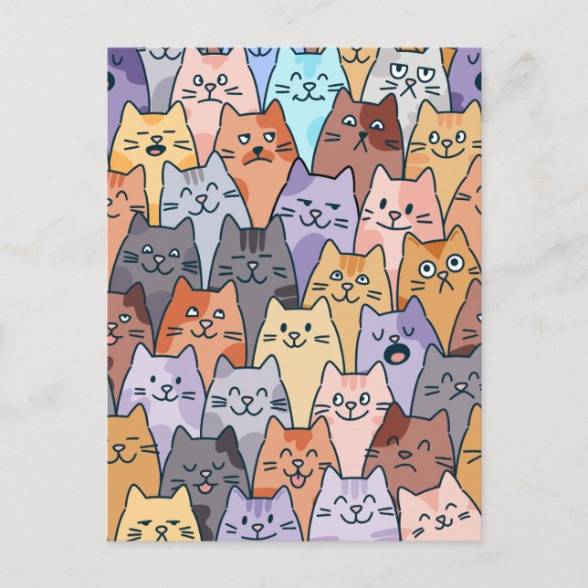 Colourful Cute Cat Crowd Pattern Whimsical Cat Fac Postcard (Front)