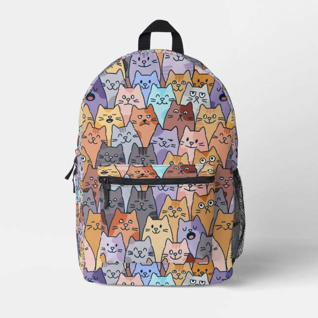 Colourful Cute Cat Crowd Pattern Whimsical Cat Fac Printed Backpack (Front)