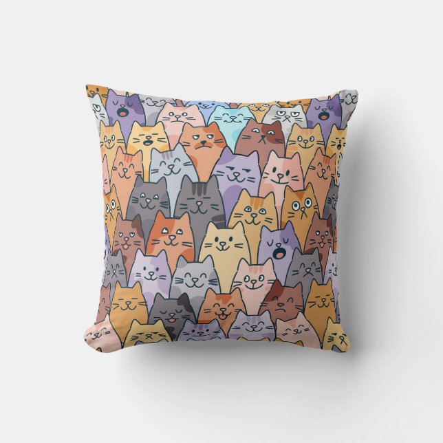 Colourful Cute Cat Crowd Pattern Whimsical Cat Fac Throw Pillow (Front)