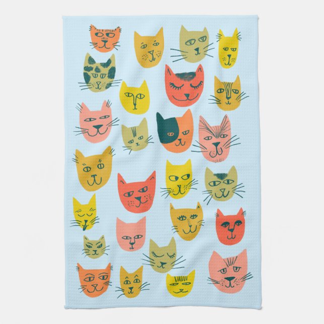 Colourful Cute Cats Kittens Blue Kitchen Towel (Vertical)