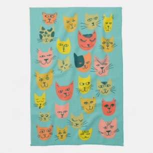 Colourful Cute Cats Kittens Teal Kitchen Towel