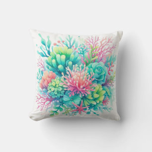 Colourful Cute Coral Sealife Nautical Coastal Beac Throw Pillow