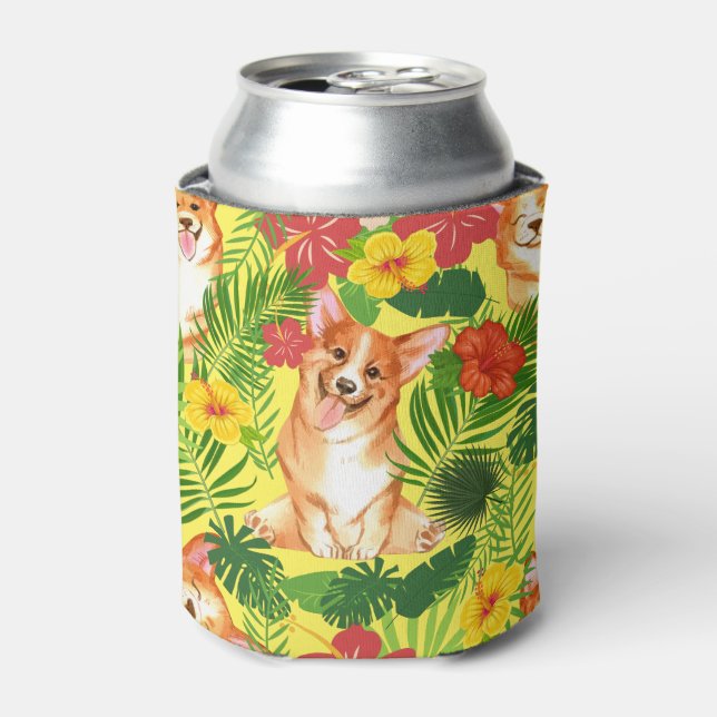 Colourful Cute Corgi Puppy Dog Pattern In Yellow Can Cooler (Can Front)