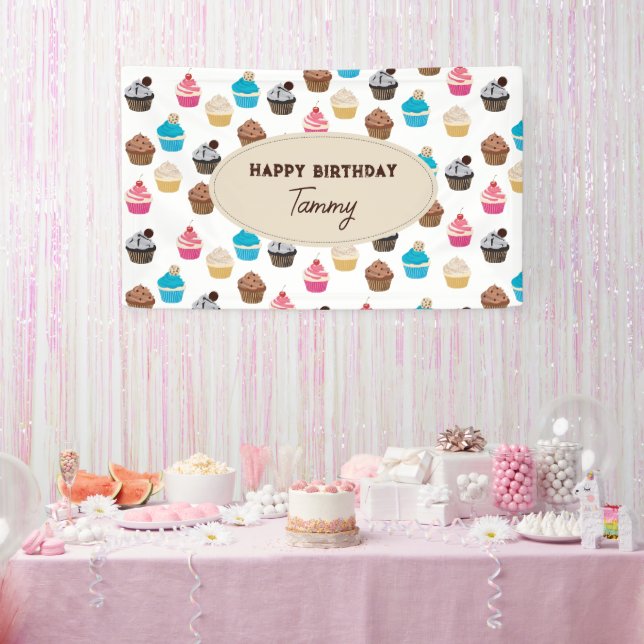 Colourful Cute Cupcakes Pattern Birthday Party Banner (Party)
