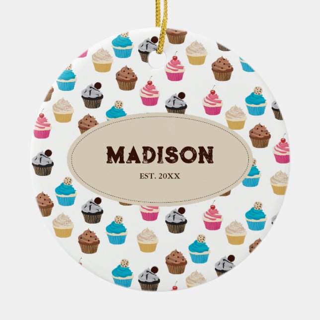 Colourful Cute Cupcakes Pattern Monogram Ceramic Ornament (Front)