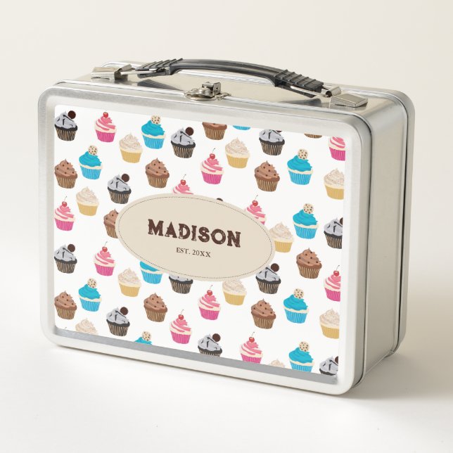 Colourful Cute Cupcakes Pattern Monogram Metal Lunch Box (Front)