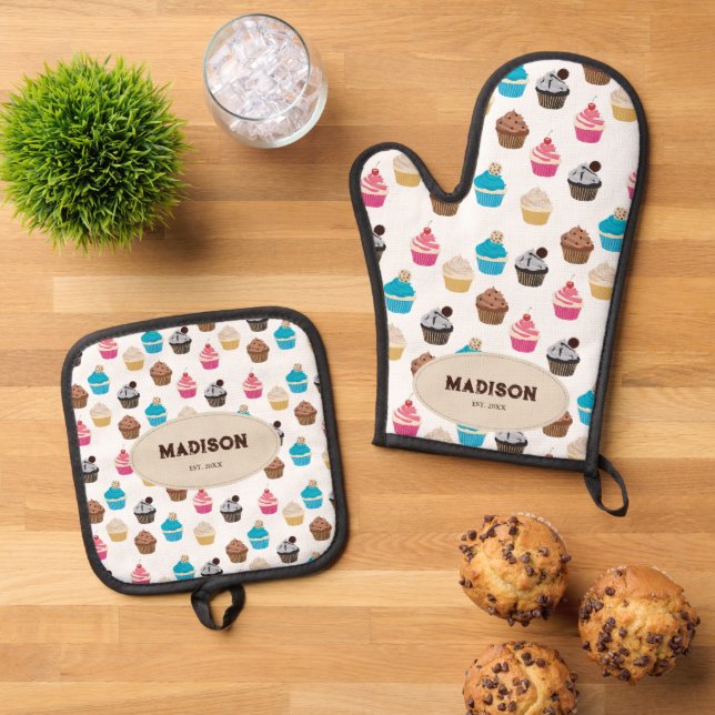 Colourful Cute Cupcakes Pattern Monogram Oven Mitt & Pot Holder Set (Top Down)