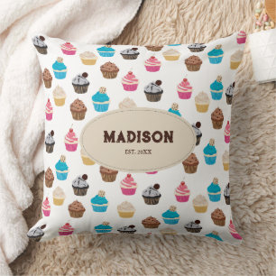 Colourful Cute Cupcakes Pattern Monogram Throw Pillow