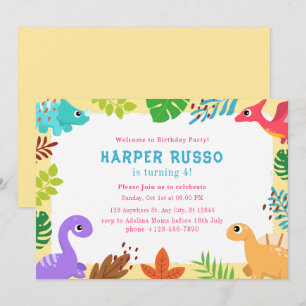 Colourful Cute Dino Illustration Birthday Party  Invitation