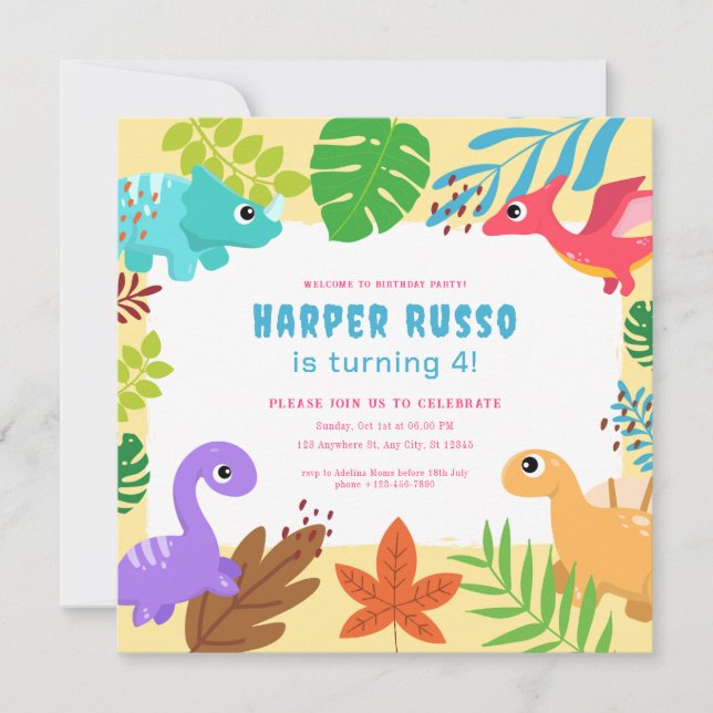 Colourful Cute Dino Illustration Birthday Party  Invitation (Front)