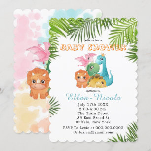 Colourful Cute Dinosaurs Baby Shower Invitations