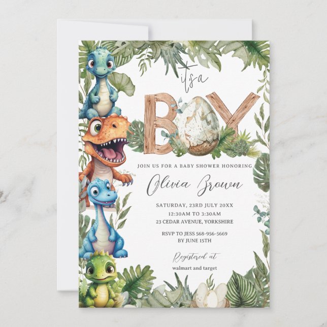Colourful Cute Dinosaurs Greenery Boy Baby Shower  Invitation (Front)