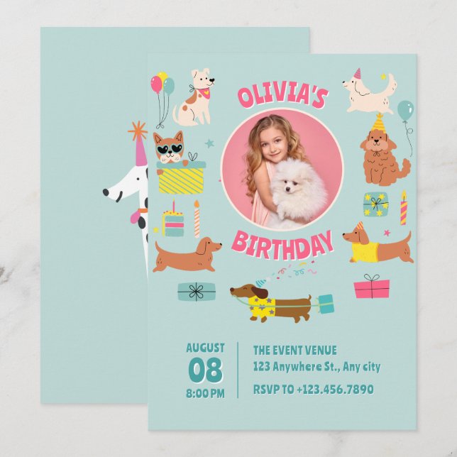 Colourful Cute Dogs photo Birthday Invitation (Front/Back)