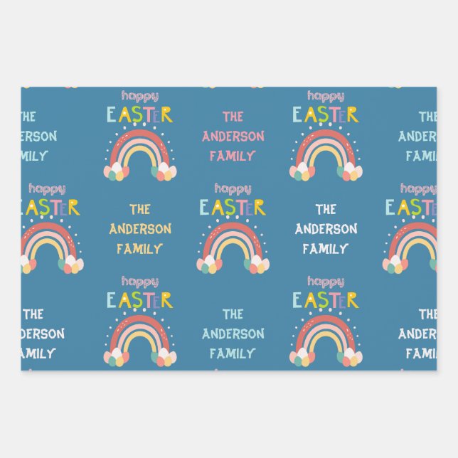 Colourful Cute Easter Bunnies Rainbow Personalized Wrapping Paper Sheet (Front)