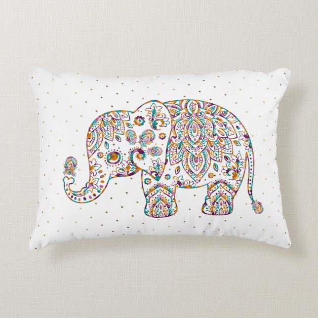 Colourful Cute Elephant Floral Paisley Accent Pillow (Front)