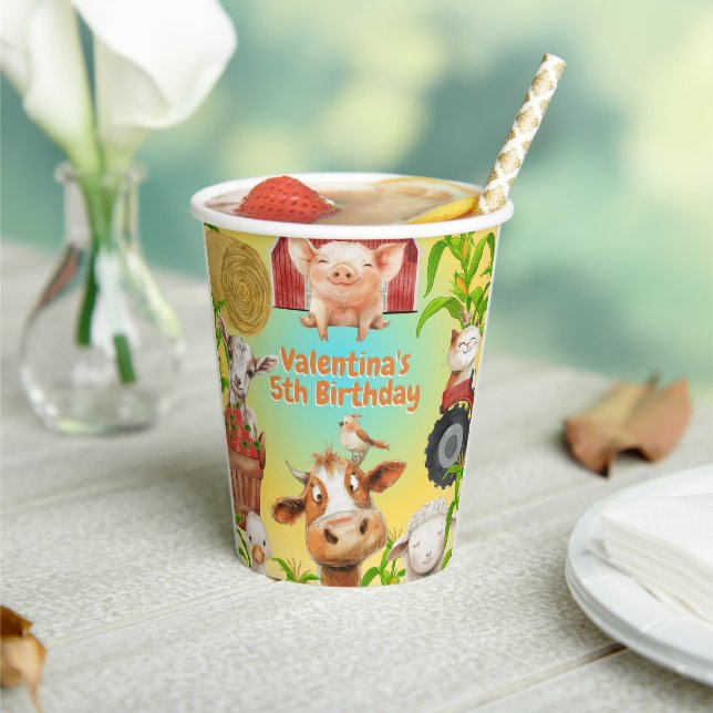 Colourful Cute Farm Animals Barnyard Kids Birthday Paper Cups (Insitu)