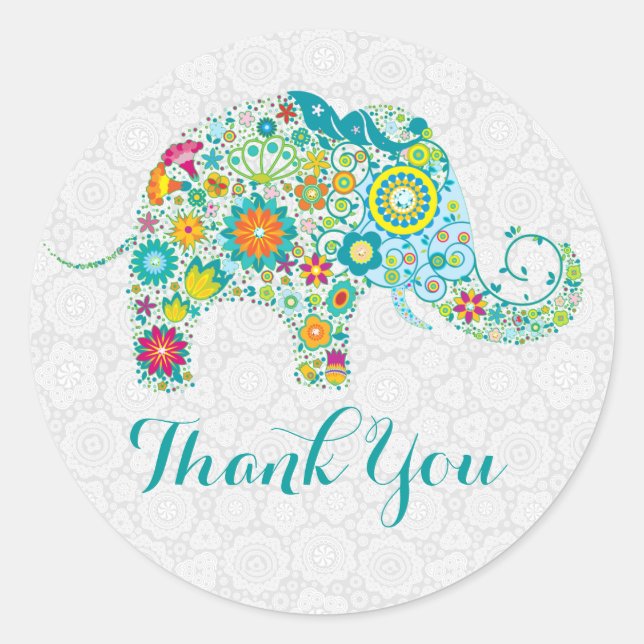 Colourful Cute Floral Elephant Thank You Classic Round Sticker (Front)