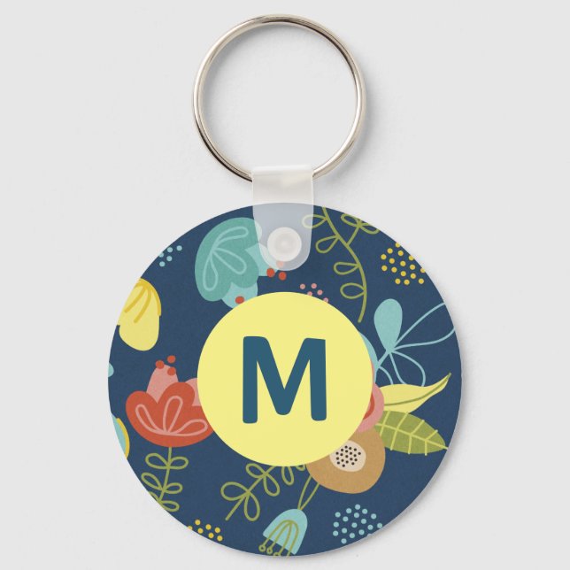 Colourful Cute Floral Pattern Dark Blue Monogram Keychain (Front)