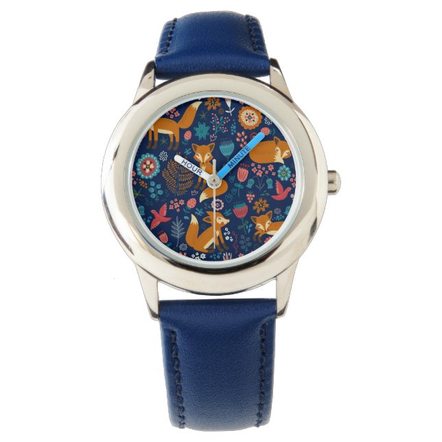 Colourful Cute Foxes & Flowers Illustration Watch (Front)