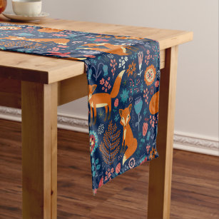 Colourful Cute Foxes Flowers Pattern Medium Table Runner