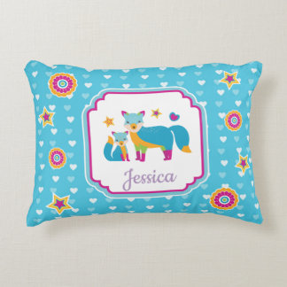 Colourful Cute Foxes with Stars and Hearts Decorative Pillow