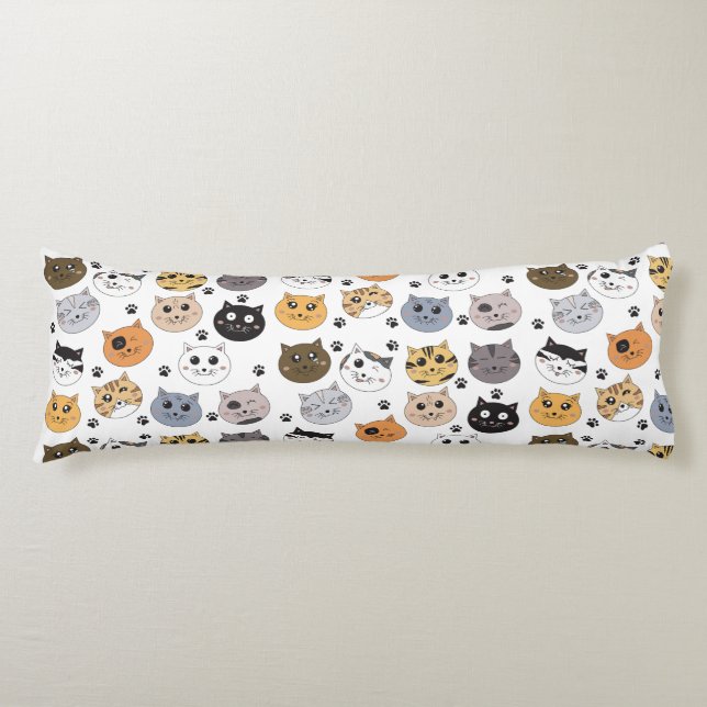 Colourful Cute Funny Cats & Paw Pattern Body Pillow (Front)