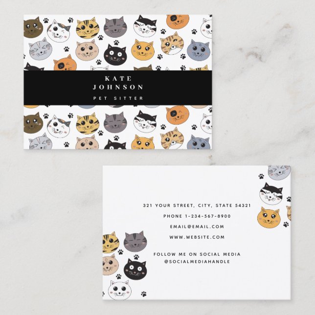 Colourful Cute Funny Cats & Paw Pattern Business Card (Front/Back)
