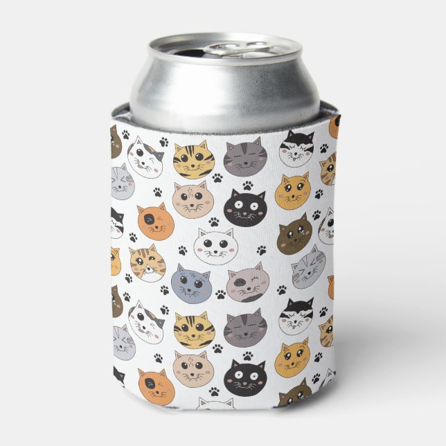 Colourful Cute Funny Cats & Paw Pattern Can Cooler (Can Front)