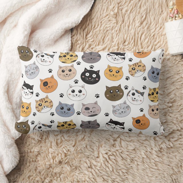 Colourful Cute Funny Cats & Paw Pattern Lumbar Pillow (Blanket)