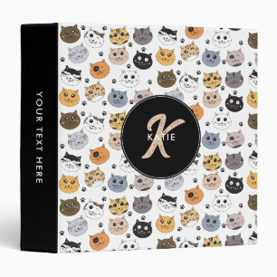 Colourful Cute Funny Cats & Paw Pattern Monogram Binder