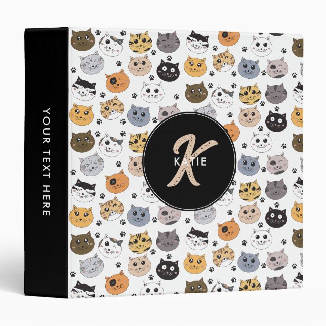 Colourful Cute Funny Cats & Paw Pattern Monogram Binder (Front/Spine)
