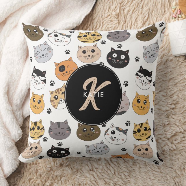 Colourful Cute Funny Cats & Paw Pattern Monogram Throw Pillow (Blanket)