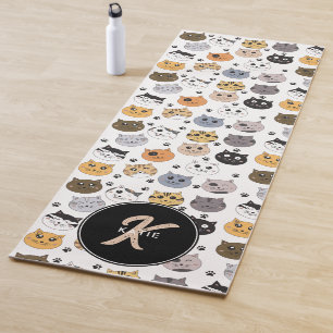 Colourful Cute Funny Cats & Paw Pattern Monogram Yoga Mat