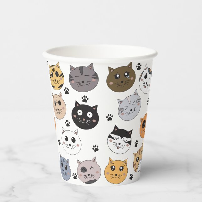 Colourful Cute Funny Cats & Paw Pattern Paper Cups (Front)