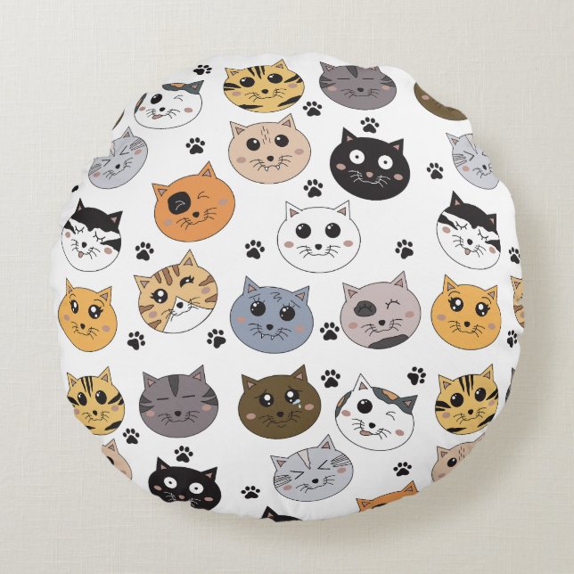Colourful Cute Funny Cats & Paw Pattern Round Pillow (Front)
