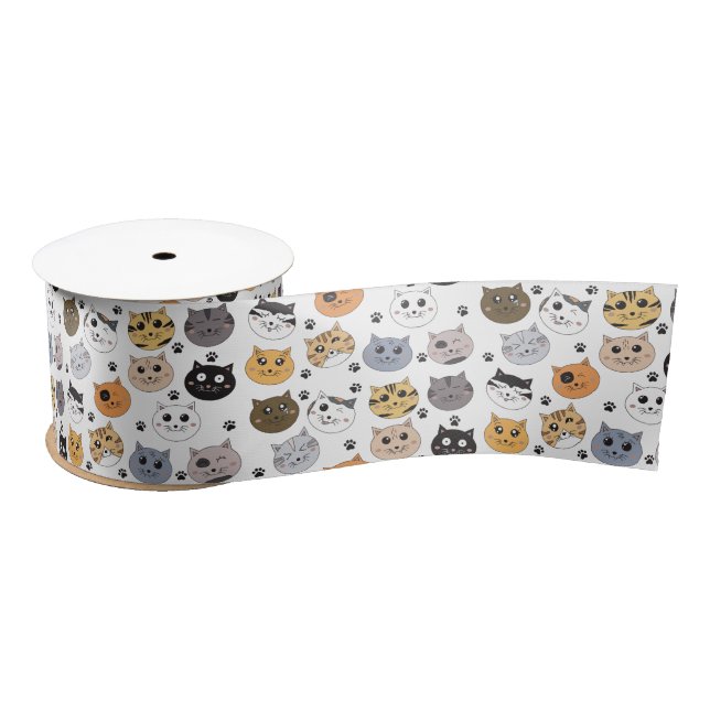 Colourful Cute Funny Cats & Paw Pattern Satin Ribbon (Spool)