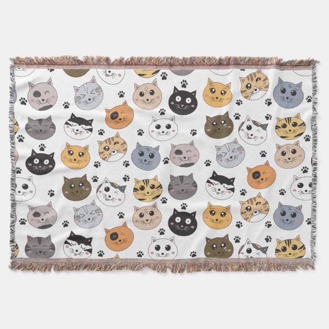 Colourful Cute Funny Cats & Paw Pattern Throw Blanket (Front)
