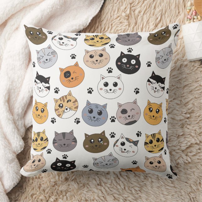 Colourful Cute Funny Cats & Paw Pattern Throw Pillow (Blanket)