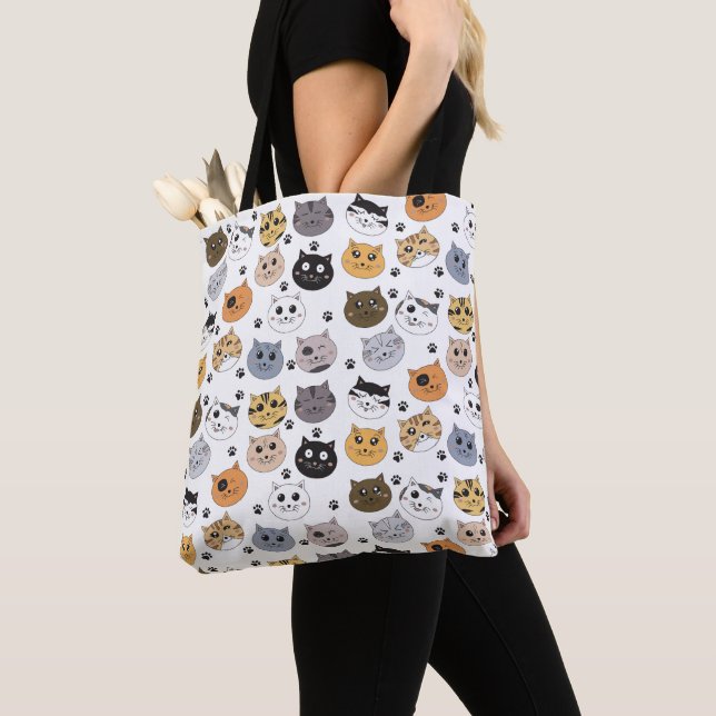 Colourful Cute Funny Cats & Paw Pattern Tote Bag (Close Up)