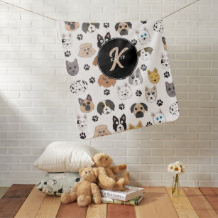 Colourful Cute Funny Dogs & Dog Paw Monogram Baby Blanket