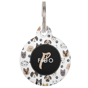 Colourful Cute Funny Dogs & Dog Paw Monogram Pet Tag