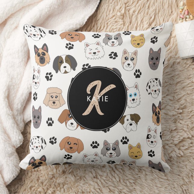 Colourful Cute Funny Dogs & Dog Paw Monogram Throw Pillow (Blanket)