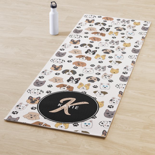 Colourful Cute Funny Dogs & Dog Paw Monogram Yoga Mat (In Situ)