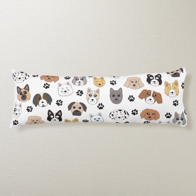 Colourful Cute Funny Dogs & Dog Paw Pattern Body Pillow (Front)