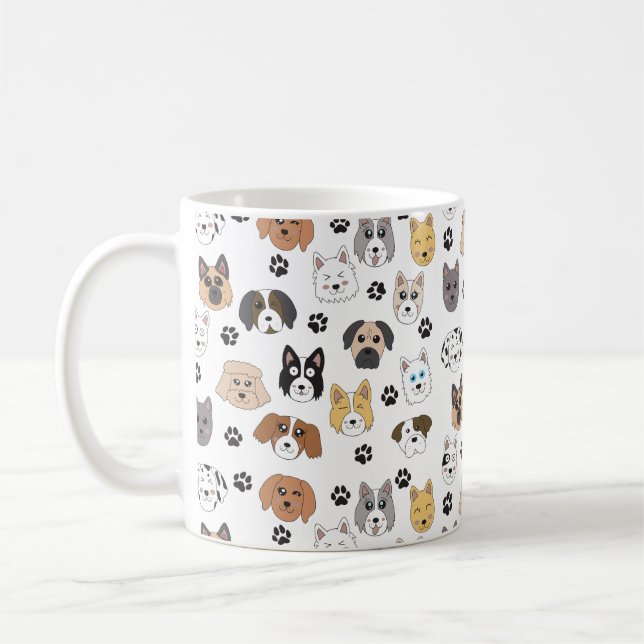 Colourful Cute Funny Dogs & Dog Paw Pattern Coffee Mug (Left)