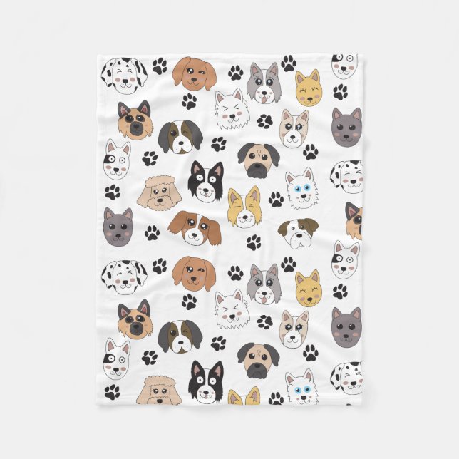 Colourful Cute Funny Dogs & Dog Paw Pattern Fleece Blanket (Front)