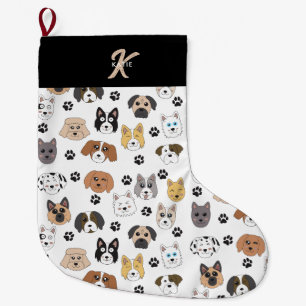 Colourful Cute Funny Dogs & Dog Paw Pattern Large Christmas Stocking